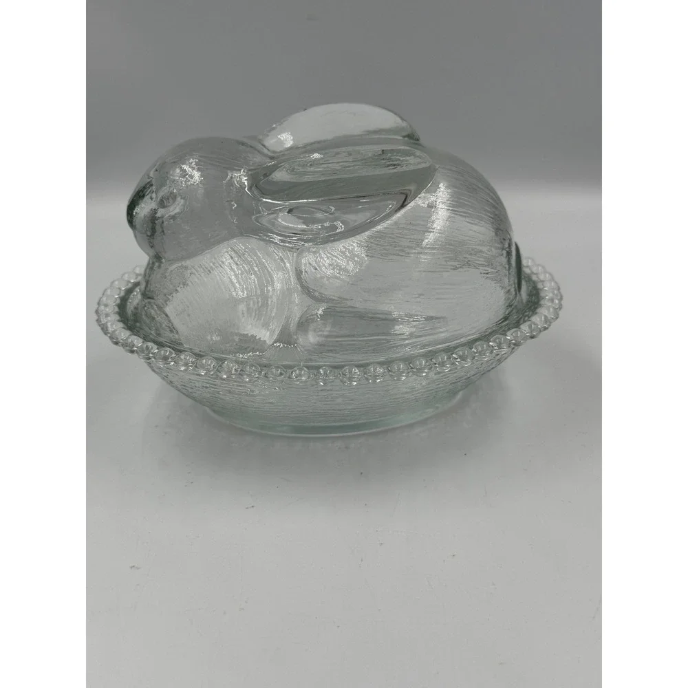 Vintage Clear Glass Rabbit Covered Dish - Indiana Glass Bunny on Nest 7
